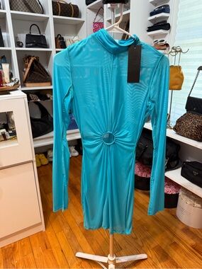HMN ALNS Turquoise Long-Sleeve Ring-Detail Mini Dress